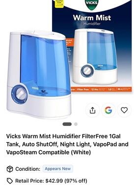 Vicks Warm Mist Humidifier – White with Blue Tank